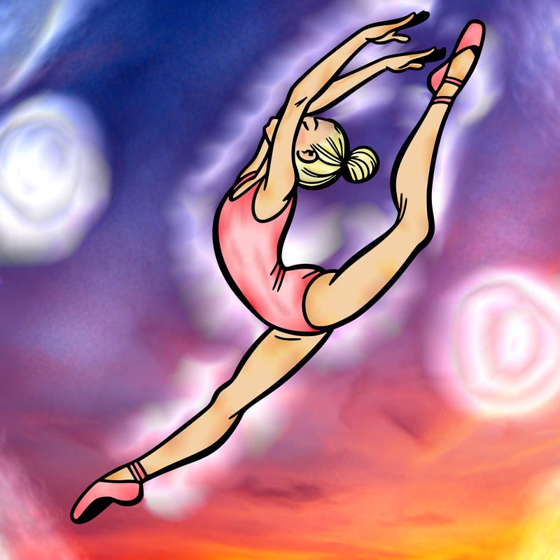 gymnast doing a leap in a leotard with a bent back leg