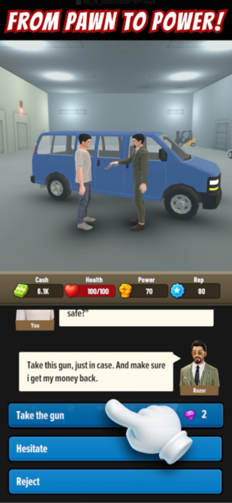 Pawn to Don Mafia Crime Story - Pawn to Don マフィア犯罪物語のゲームプレイ画面。チンピラから銃を受け取るかどうかの選択肢が表示されている。