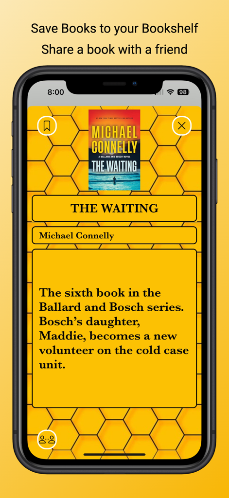 Book Buddy: Book Search - Interface of the Book Buddy app showing details for the book The Waiting by Michael Connelly with options to save and share.