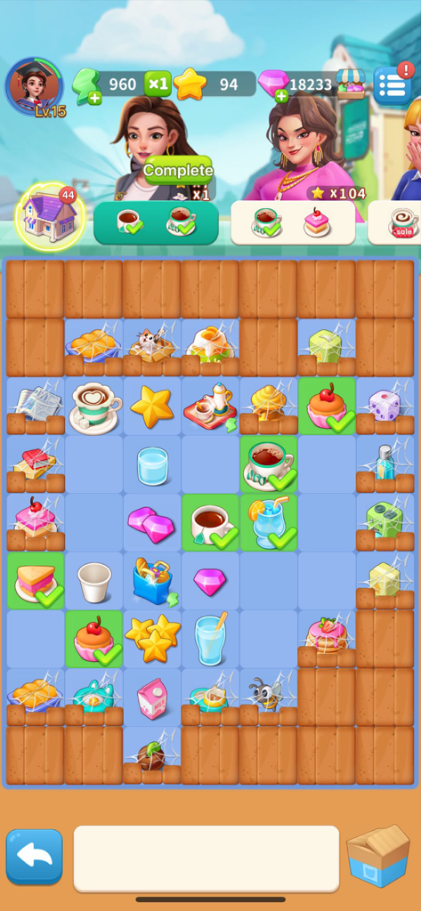 Merge Night Live - A gameplay screenshot of Merge Night Live showing the puzzle board with food items gems and story characters