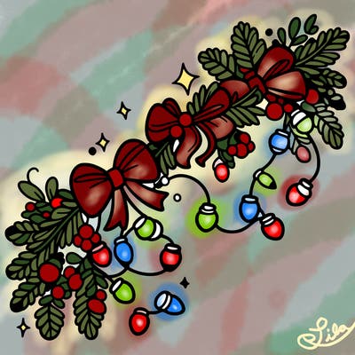 christmas garland: decorated with lights and ribbons..simple vector art