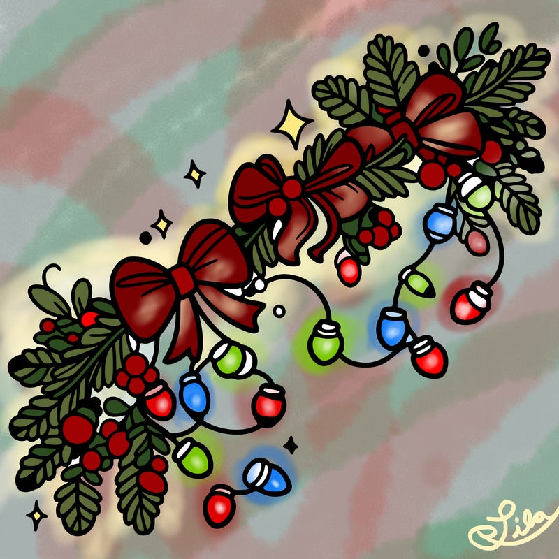 christmas garland: decorated with lights and ribbons..simple vector art