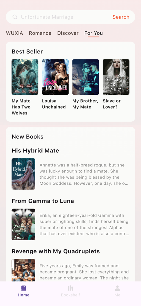 Pantalla de inicio de la aplicación MotoNovel mostrando novelas de romance y fantasía de moda.