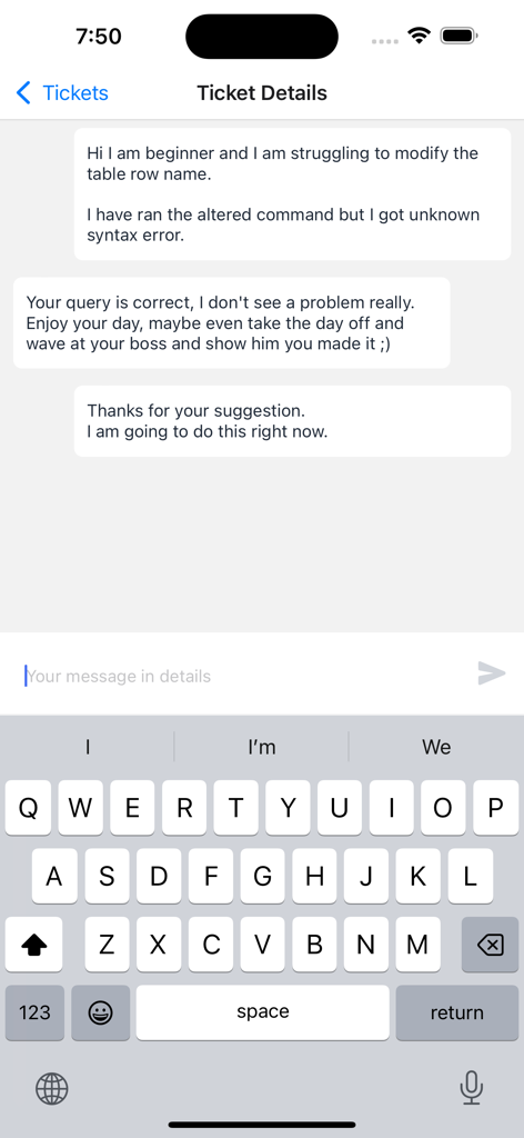 SQL Play — Learn SQL - Support chat screen for SQL syntax assistance in the SQL Play app