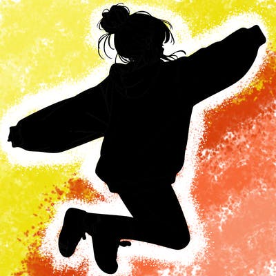 realistic girl jumping with a bun and oversized sweatshirt