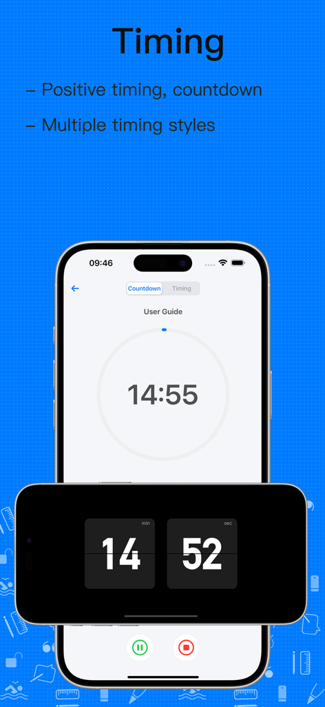 Digital countdown and positive timing interface showing multiple timer styles for student productivity