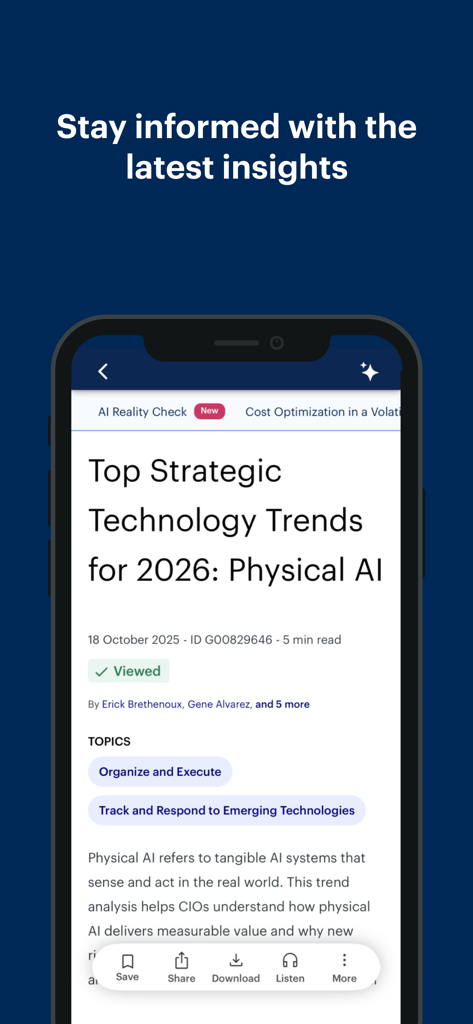 My Gartner Mobile - Un écran de smartphone affichant un rapport de recherche Gartner sur les tendances technologiques stratégiques pour 2026
