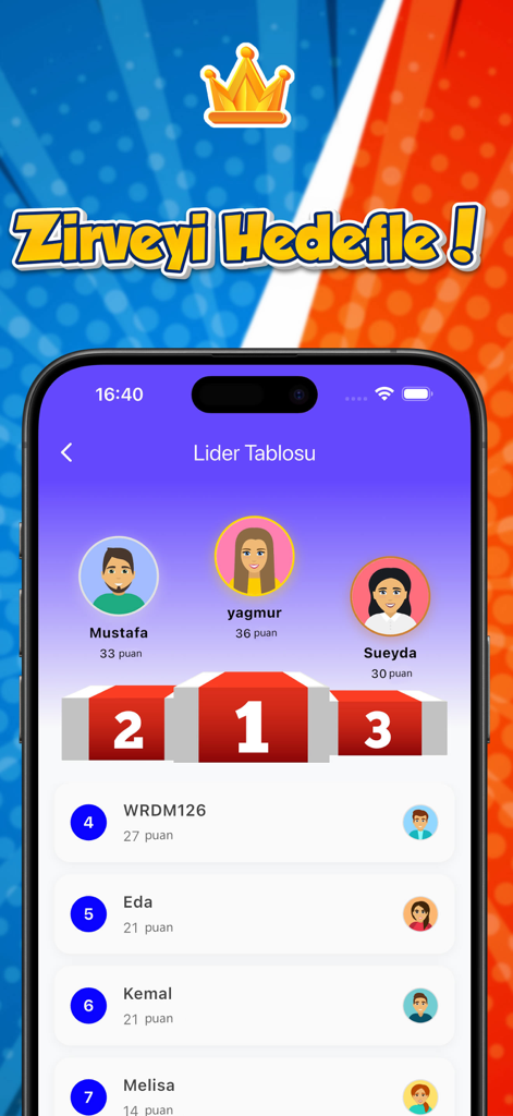 Leaderboard screen of the Duello word game showing the top three players on a podium and a ranking list of competitors.