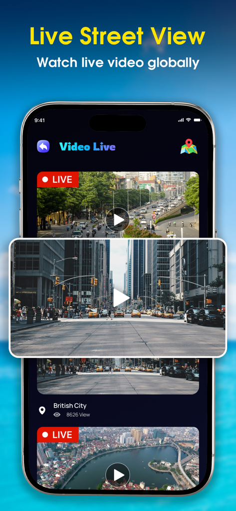 Live Satellite View - 3D Map - Pantalla de iPhone mostrando transmisiones de video de vista de calle en vivo de ciudades globales