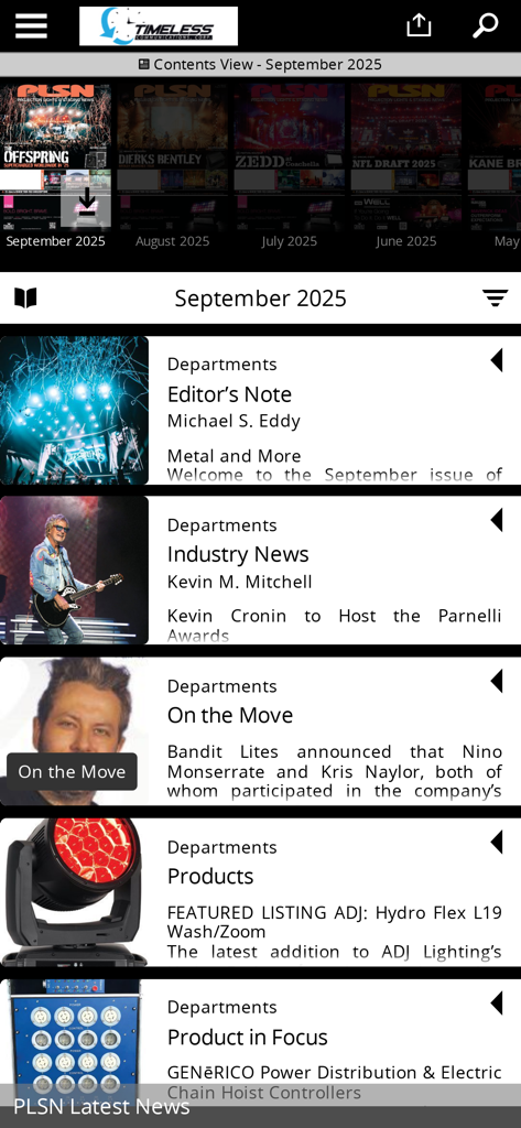 PLSN - Table of contents for the September 2025 issue of PLSN magazine app showing industry news and product features.