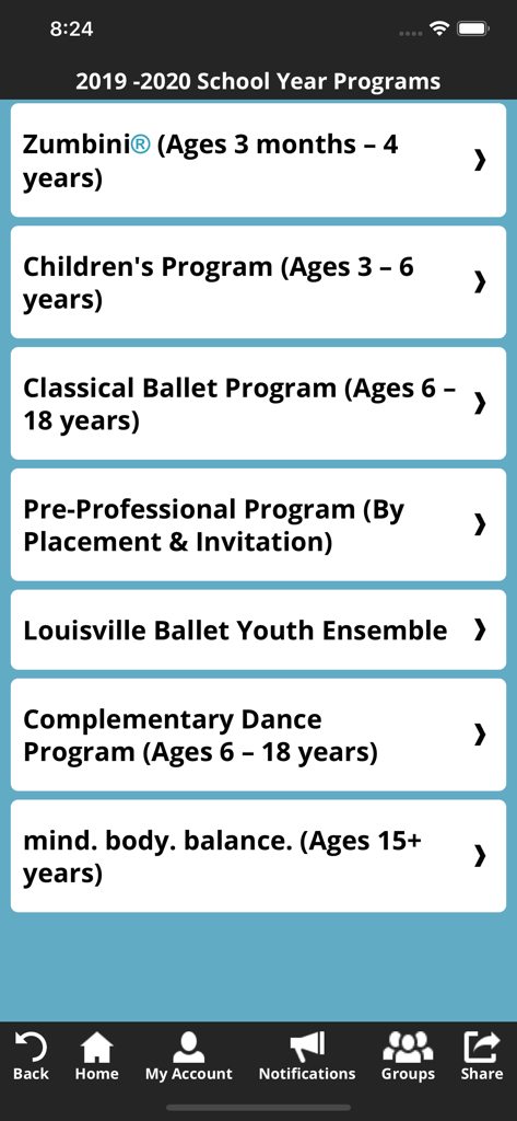 Louisville Ballet School - Pantalla de la app móvil mostrando varios programas de danza ofrecidos por la Escuela de Ballet de Louisville para diferentes grupos de edad.