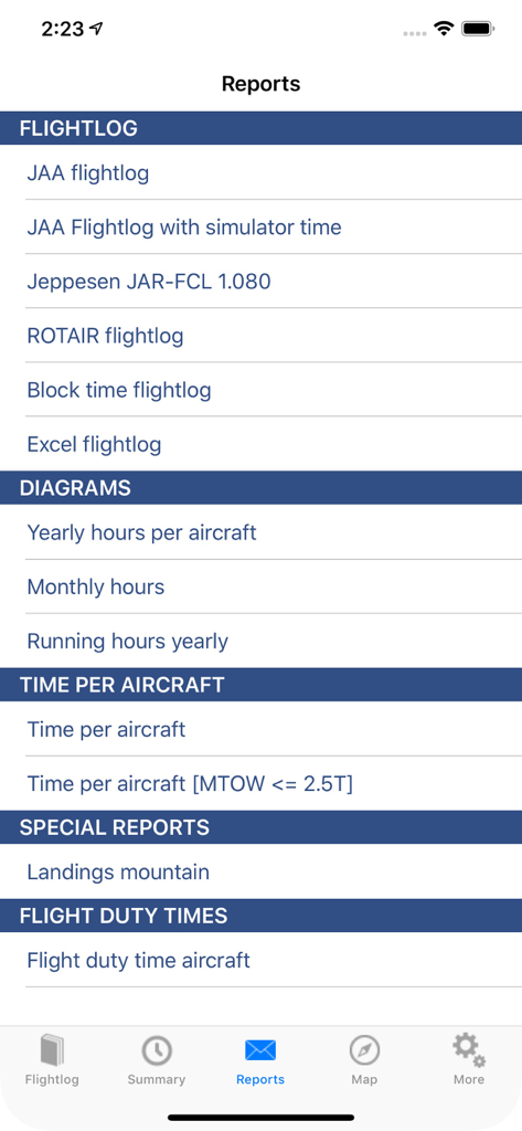 ROTAIR FlightLog - Menu screen in the ROTAIR FlightLog app displaying various flight log reports and duty time diagrams.