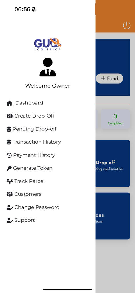 GUO Logistics - Sidebar navigation menu of the GUO Logistics mobile app showcasing features like dashboard and parcel tracking