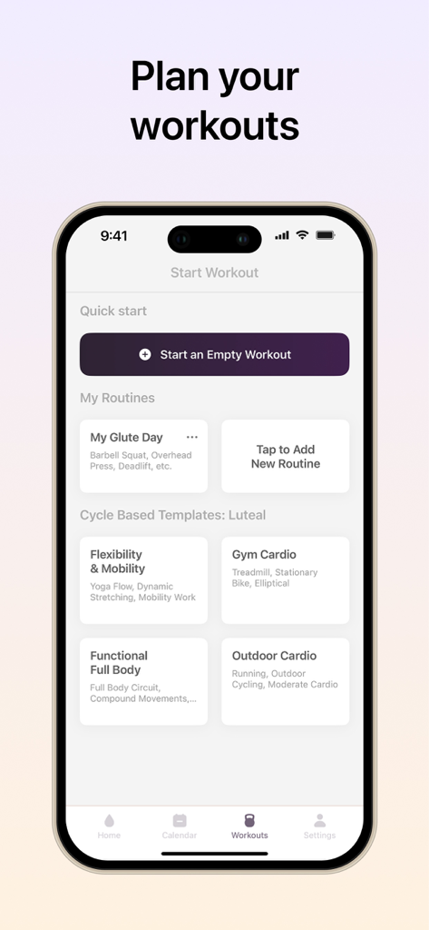 Cycle Sync Workouts: Drop It - Pantalla de la aplicación para planificar entrenamientos con rutinas personalizadas y plantillas basadas en el ciclo