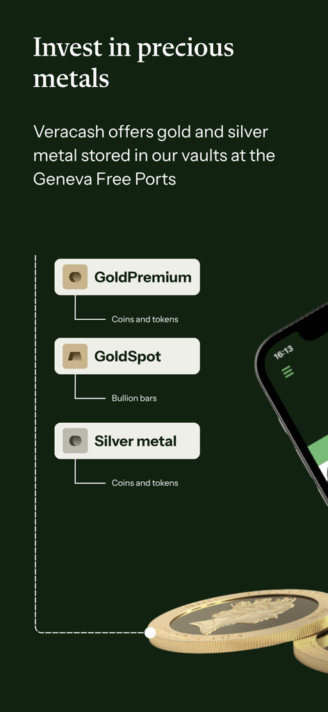 Veracash - Écran de l'application VeraCash affichant les options d'investissement pour l'or et l'argent stockés dans des coffres suisses