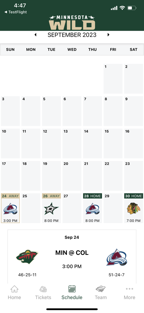 Game schedule calendar view in the Minnesota Wild official app