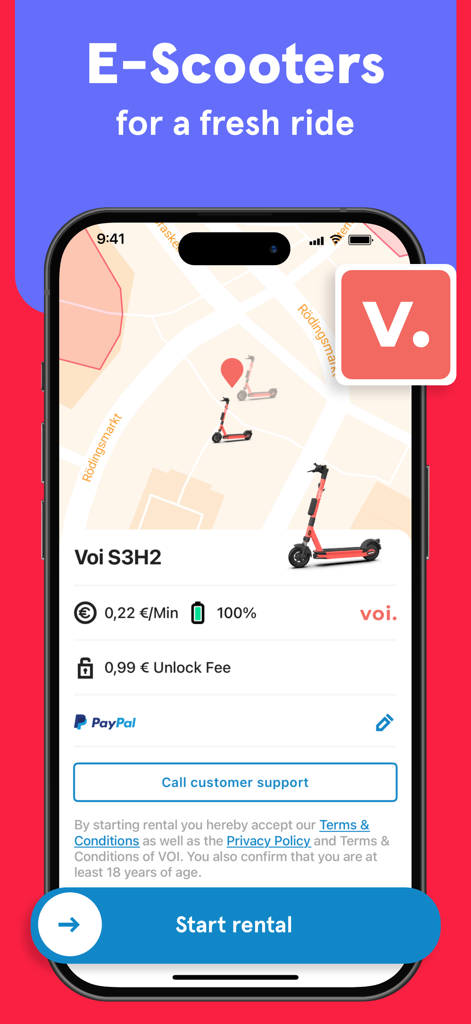 Booking screen for a Voi e-scooter in the hvv switch app with price details and map