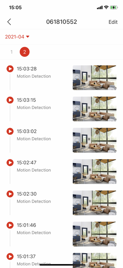 COOAU Cam - Liste der Bewegungserkennungsalarme und Video-Wiedergabeereignisse in der Benutzeroberfläche der COOAU Cam App