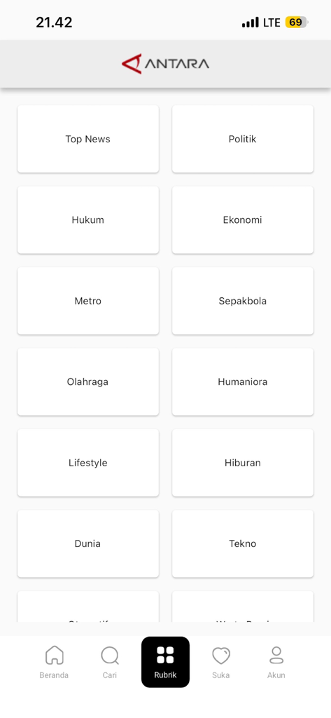 Antaranews - Antaranews app screen showing news categories including Politics Economy and Sports
