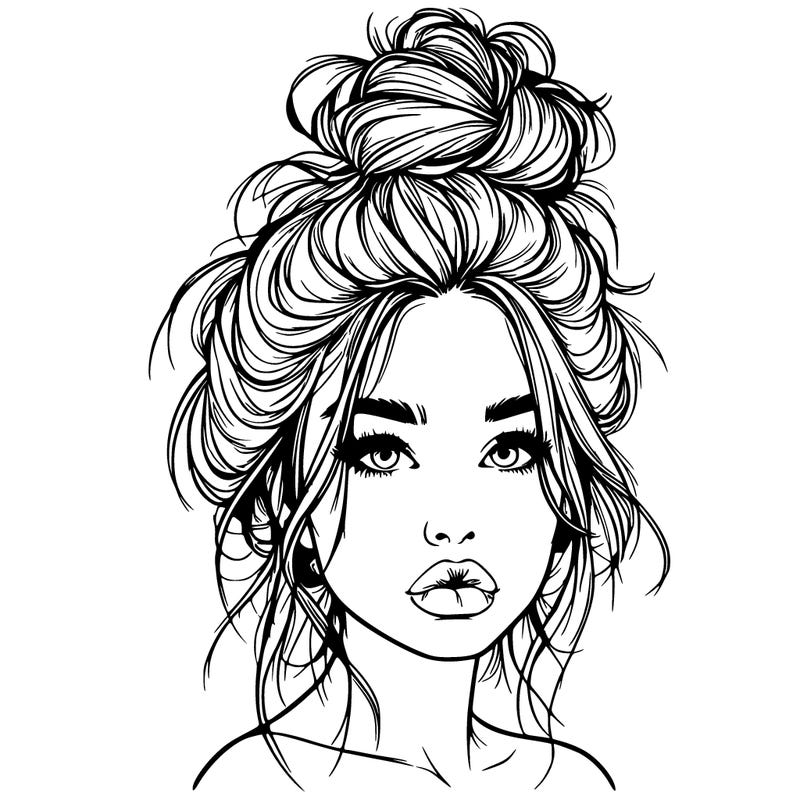 realistic girl with a messy bun and she has lips