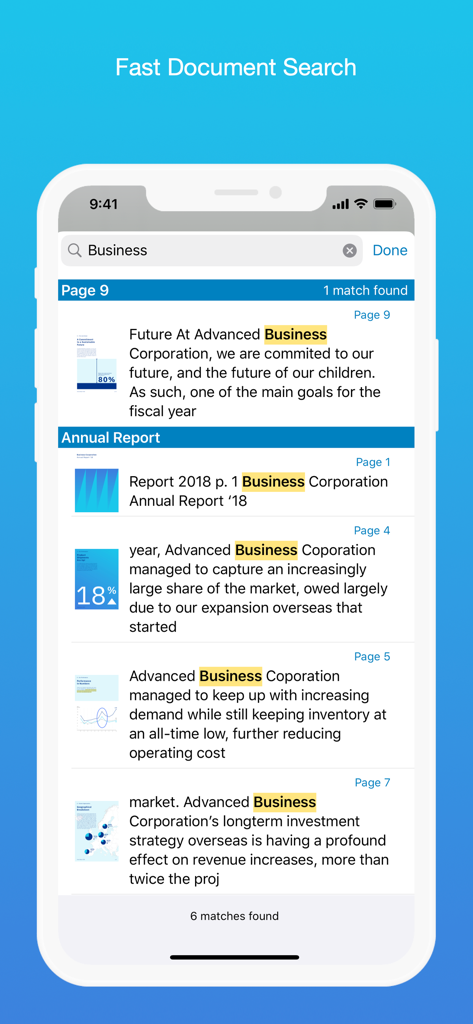 PDF Viewer by Nutrient - A mobile interface displaying search results for the word Business across multiple documents in the PDF Viewer app