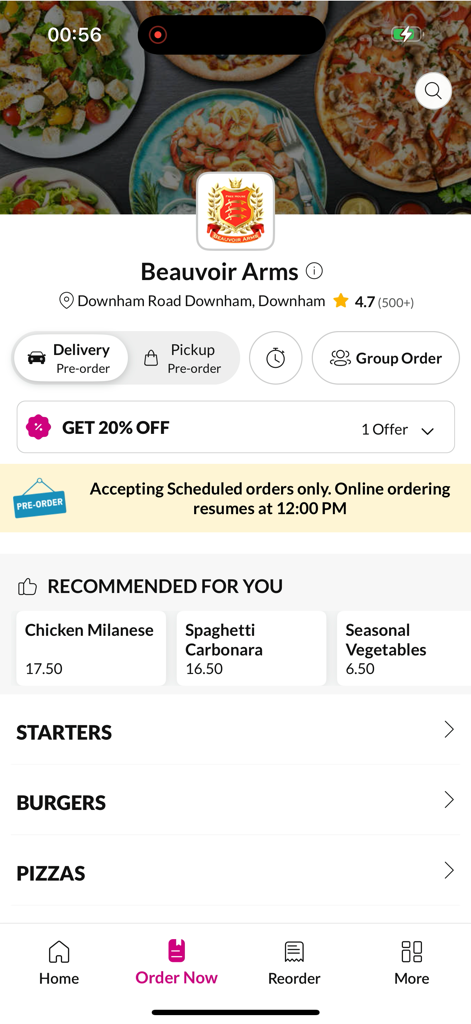 Beauvoir Arms - Screenshot of the Beauvoir Arms food ordering app menu interface showing dishes like Chicken Milanese and Spaghetti Carbonara with a 20 percent discount offer.