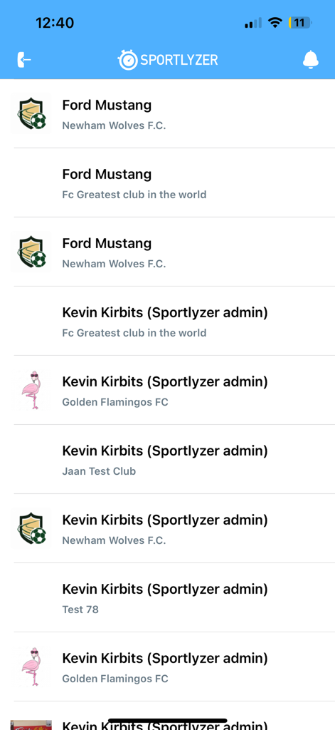 Sportlyzer Player - Sportlyzer Player app profile selection screen showing multiple athlete and club accounts