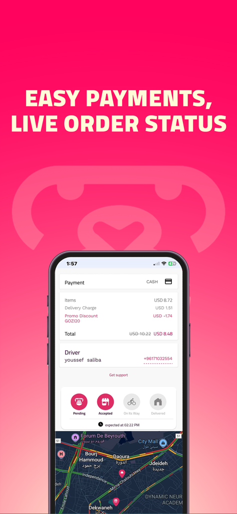 Gozilla - Delivery App - Gozilla app interface showing order payment summary and live map tracking for a delivery in Beirut