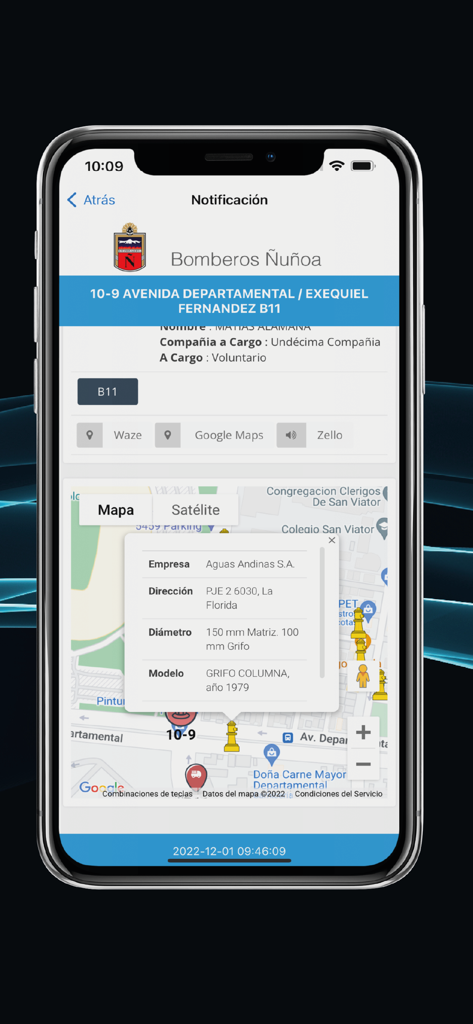 VIPer - Captura de pantalla del iPhone de la aplicación VIPer que muestra una notificación de despacho del departamento de bomberos con un mapa y detalles de ubicación de hidrantes.