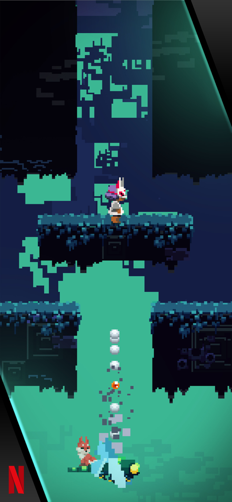 Lucky Luna - Pixel art gameplay of Lucky Luna showing a character in a dark dungeon standing on a platform above a vertical drop.