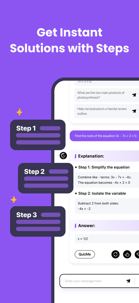 Interface de l'application Sovi AI montrant une solution d'équation mathématique étape par étape avec des explications claires