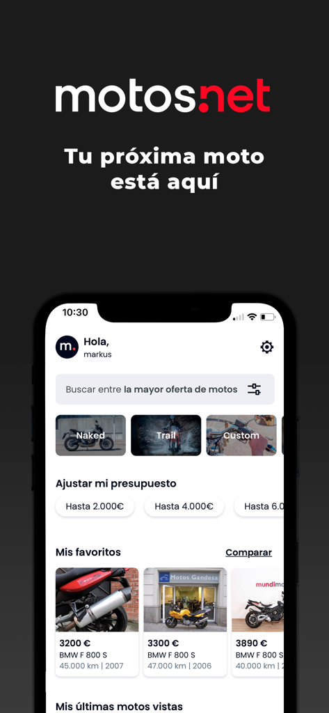 Motos.net - Motos de ocasión - Pantalla de inicio de la aplicación Motos.net con anuncios de motos de segunda mano y filtros de búsqueda