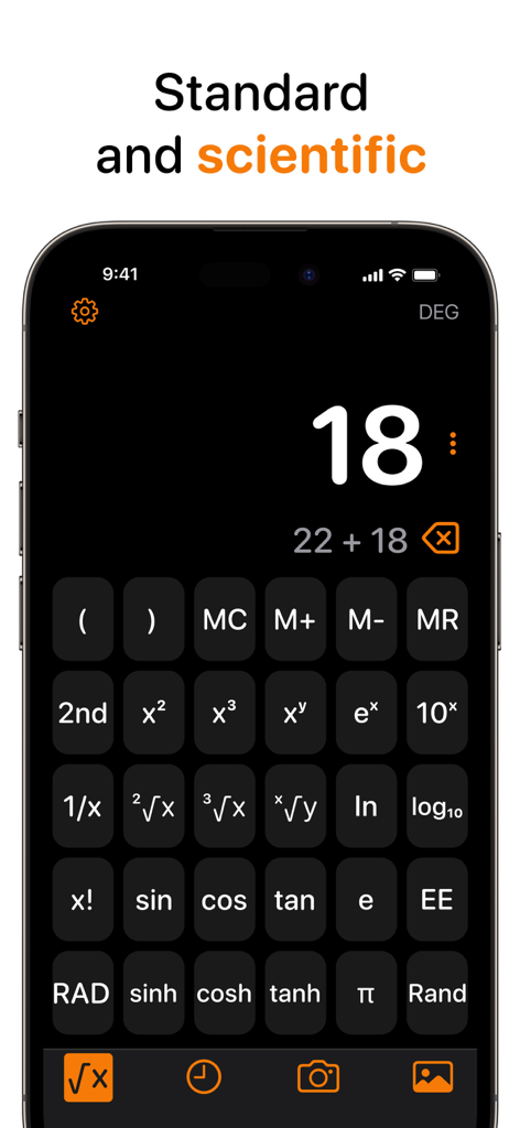 Calculator Air app showing a scientific calculator interface with advanced mathematical functions on an iPhone.