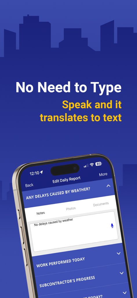 Bildschirm der mobilen Bautagebuch-App hebt die Sprache-zu-Text-Funktion für die Berichterstattung vor Ort hervor.