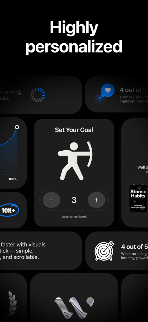 Wiser app interface showing personalized goal setting for reading three book summaries per week.