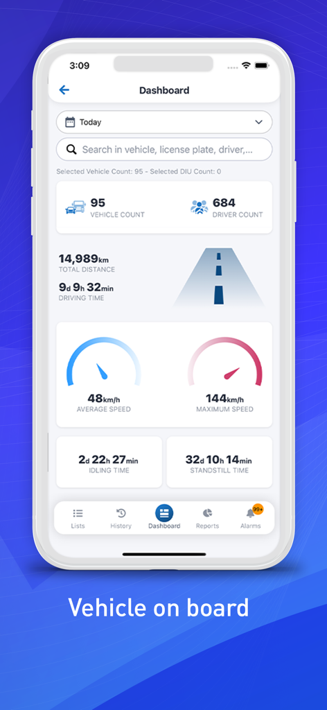 Arvento fleet management dashboard showing vehicle statistics including count speed and distance data