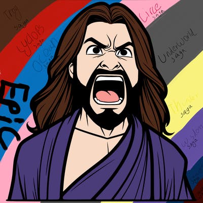 man that has long hair and a beard yelling and that is angry