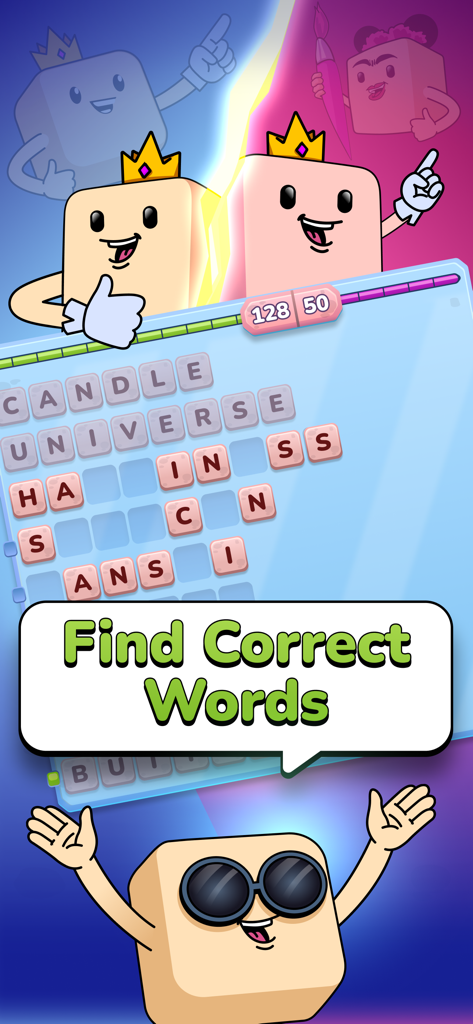 WordMe mobile game interface showing players competing to find words like candle and universe with a score tracker