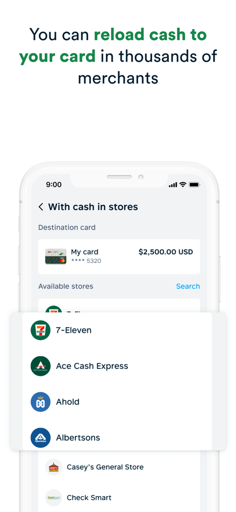 App-Oberfläche zeigt Optionen zum Nachladen von Bargeld bei Händlern wie 7-Eleven und Albertsons
