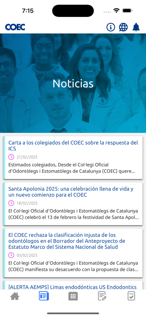COEC APP - Der Nachrichtenbereich der COEC-App, der Artikel und professionelle Updates für Zahnärzte anzeigt.