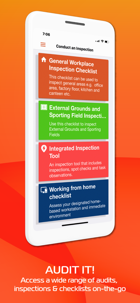 Riskware - Pantalla de smartphone que muestra la interfaz de la aplicación Riskware con varias listas de verificación de seguridad e inspección en el lugar de trabajo.