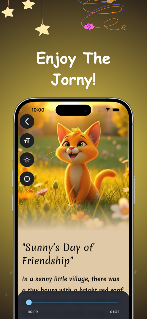 Dreamland: Create Kids Stories - Tela do aplicativo Dreamland exibindo uma história infantil com a ilustração de um gatinho e um player de narração de áudio.