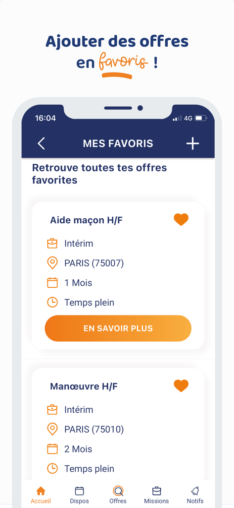 myPROMAN Intérimaires - The favorites screen of the myPROMAN app displaying saved construction job listings in Paris