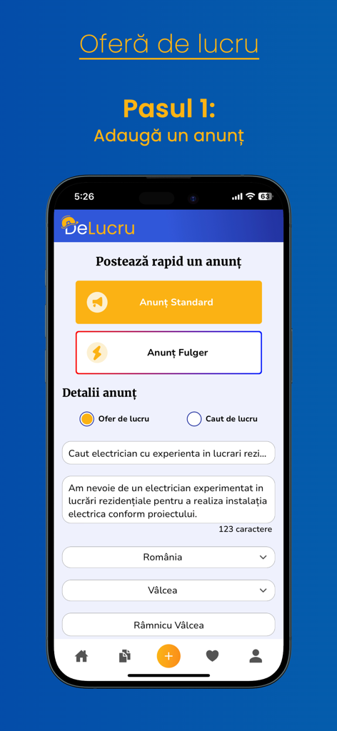 Una pantalla de móvil mostrando el primer paso para añadir una oferta de empleo en la app DeLucru