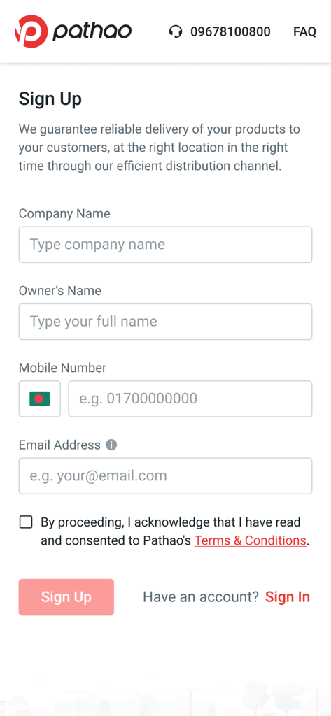 Pathao Merchant app sign up screen for business registration