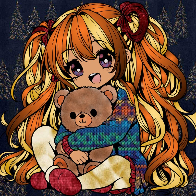 manga girl, long curly hair, happy, cuddling a teddy bear