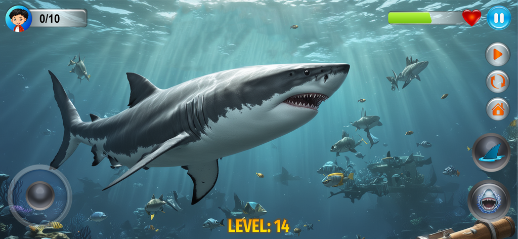 Angry Shark Simulator Games 3d - A large great white shark swimming in a 3D underwater ocean environment at level 14.