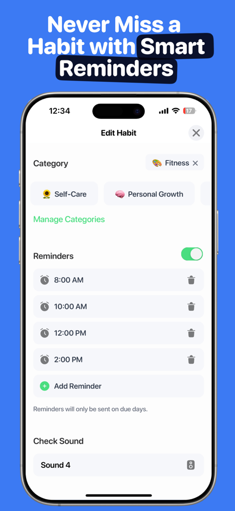 Rovelist habit tracker app interface showing smart reminders and habit categories