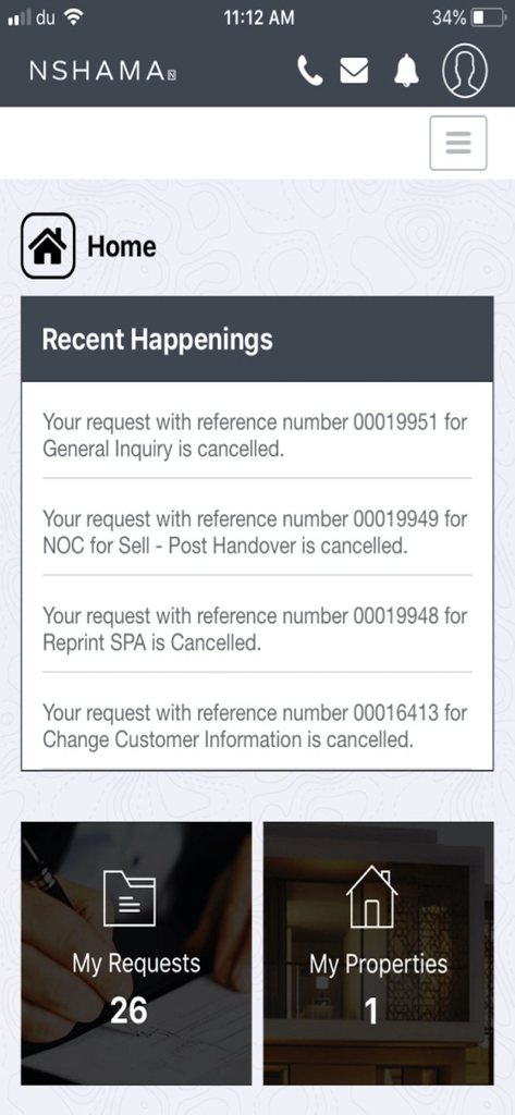 Nshama Connect - Nshama Connect home screen showing recent property requests and status updates.