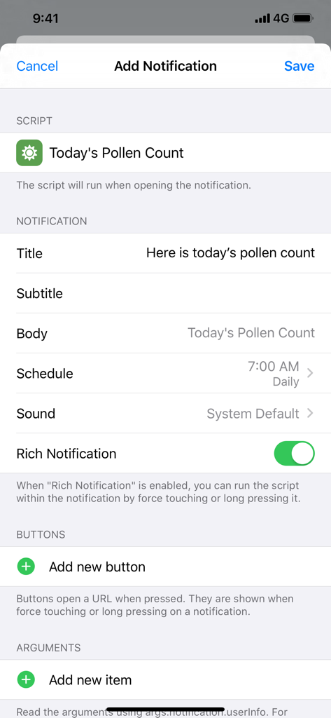 Configurando uma notificação diária programada para um script de contagem de pólen no Scriptable.